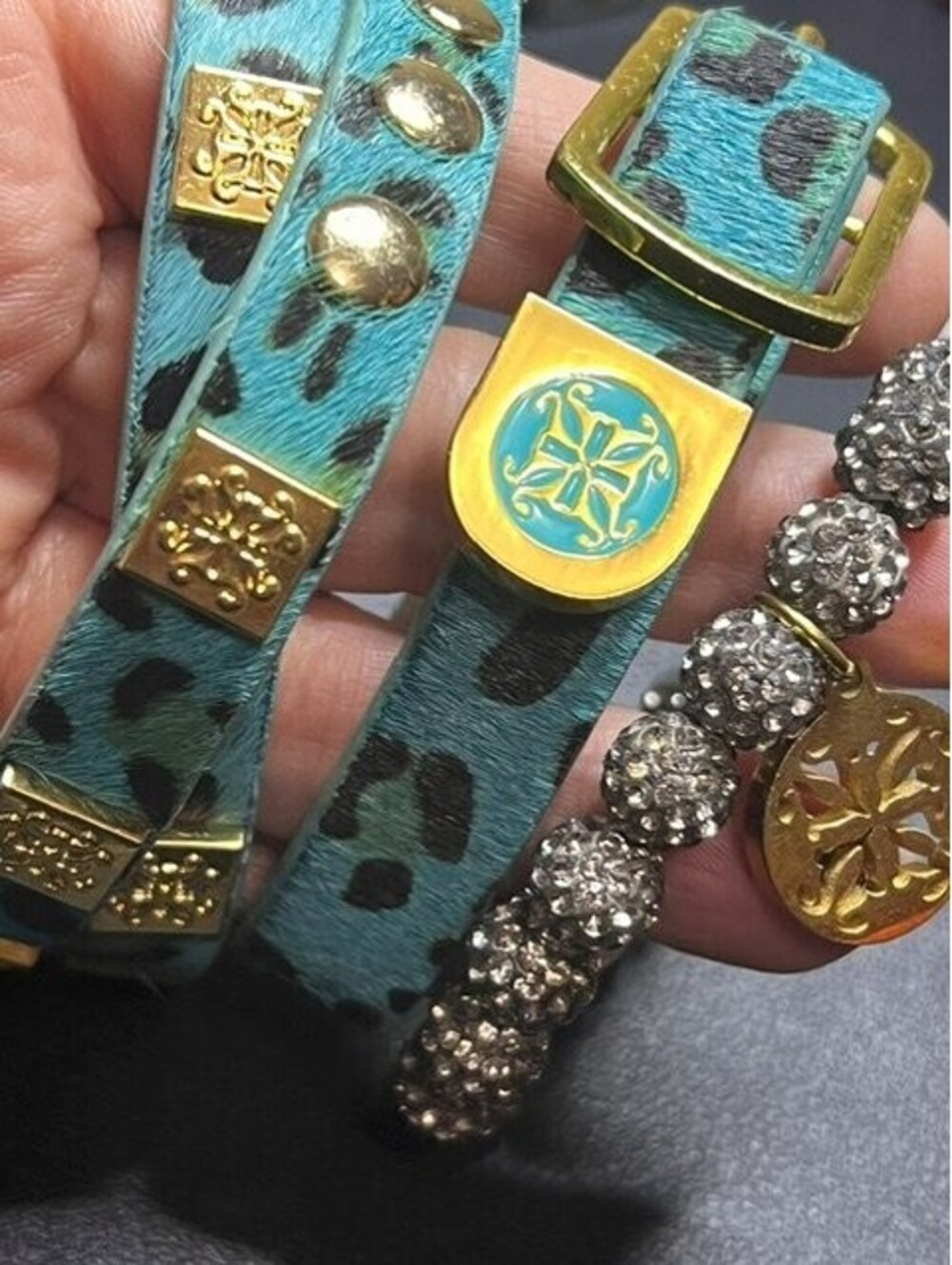 B6627 Rustic Cuff Teal Leopard Haircalf Crystal Shamballa Wrap Bracelet Set